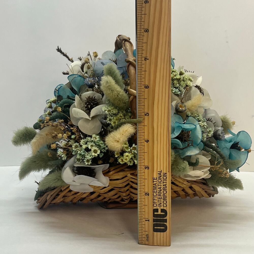 Blue and White Floral Arrangement in‎ Woven Wicker Basket Rustic Centerpiece